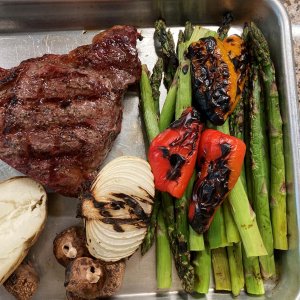 A Grilled Dinner, Rib Eye Steak and Veggies, delicious!