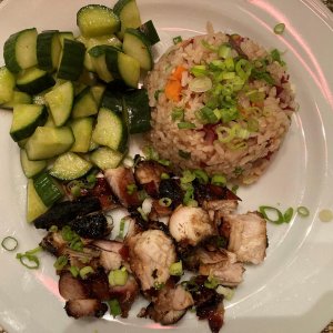 Grilled Teriyaki B/S Chicken Thighs, cut up to make it look you have more food than you really do, wink wink - My Quick Cucumber Kim Chee (or kimchi, 