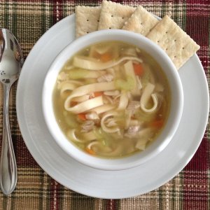 Chicken Noodle Soup, with my homemade bone broth and noodles... served with Diamond Bakery Soda Crackers on the side.