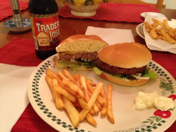 A classic, char-grilled Cheese Burger, French Fries and A BEER!!! I dip my Fries in Mayo