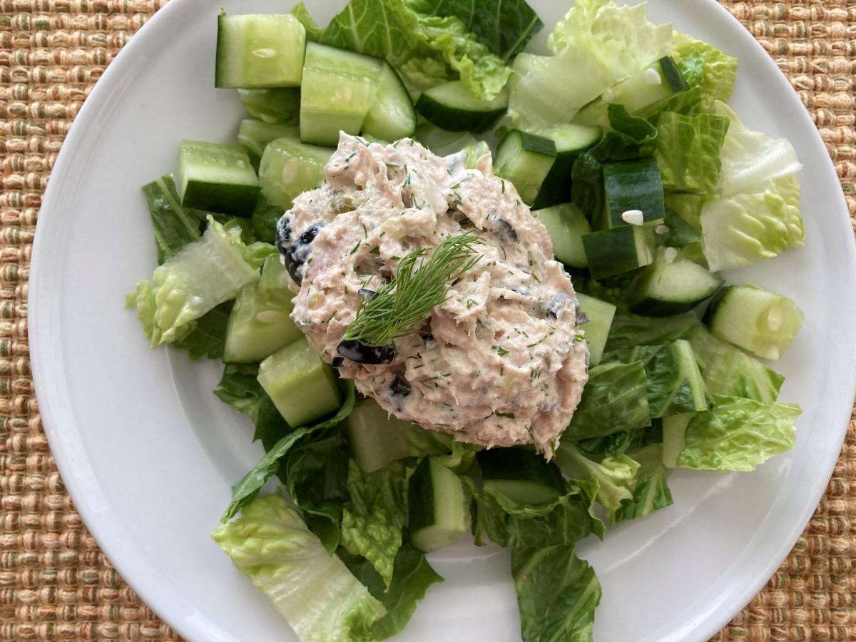 A nice Green Salad with diced Cucumbers, topped with what I'm calling my Loaded Tuna Salad: fresh Dill, Dill Pickle Relish, Onions and diced Black Oli