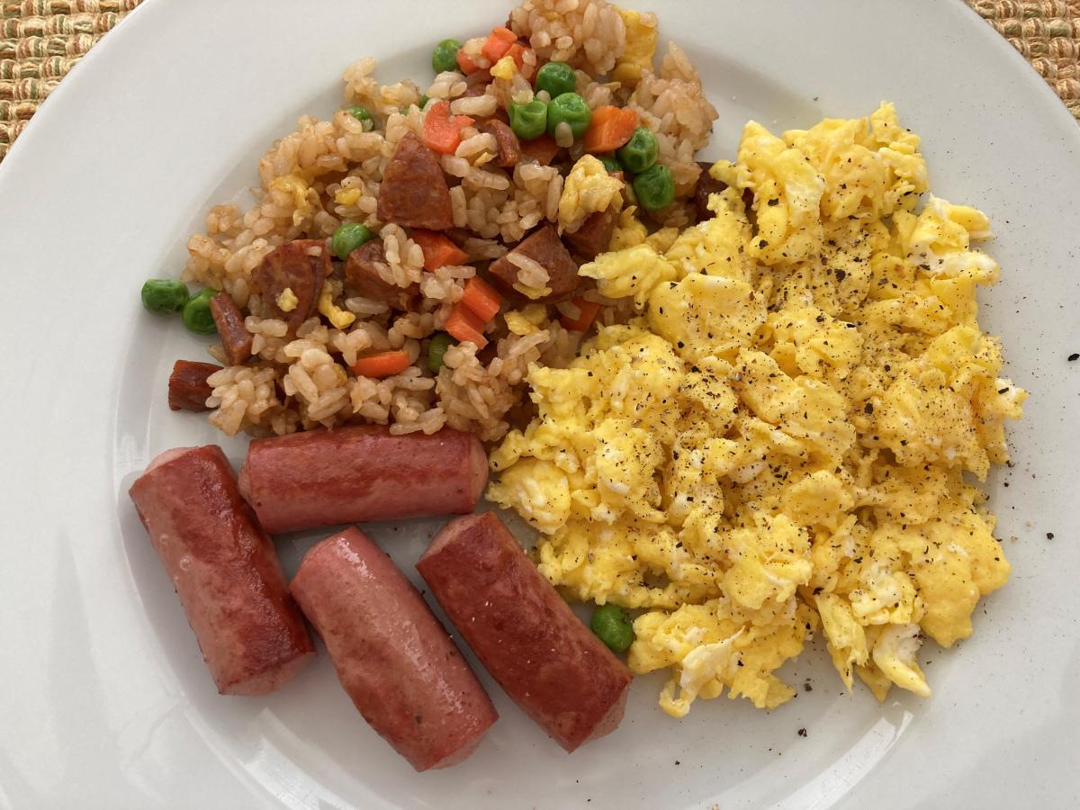 A real "local-style" breakfast: Fried Rice, Scrambled Eggs and Vienna Sausages-fried crispy, ONO!
