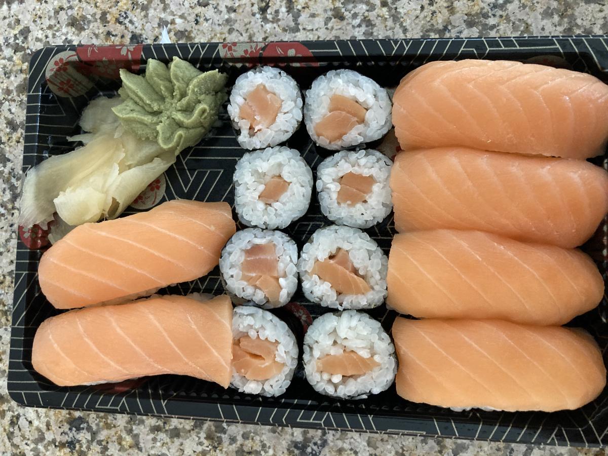 Another one of my DH's favorite lunches, this time from the store.  All Salmon Sushi, both Maki and Nigiri.