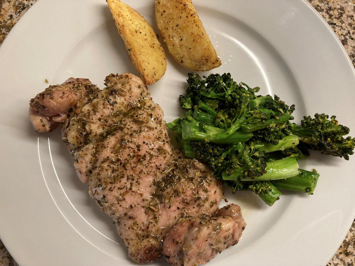 B/S Chicken Thighs doused in my housemade Greek-Inspired seasoning blend, Broccolini, Yukon Gold Potatoes, all oven roasted.