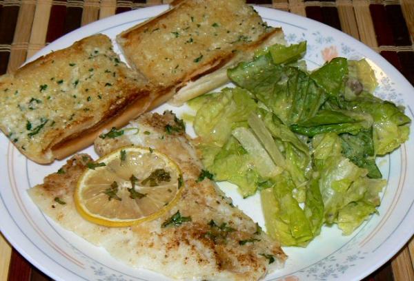 Baked cod, caeser salad and garlic bread