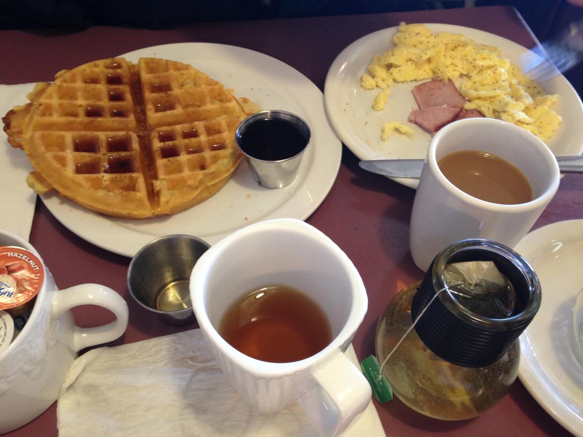 Breakfast out
Belgian Waffle
Scrambled with Ham
Oh and Tea and Coffee please, thank you