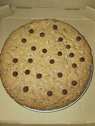 Choc chip cookie pizza size!