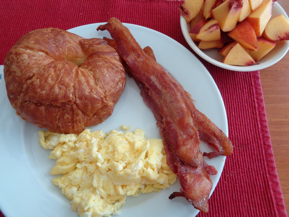 Costco Croissants are always inour deep freeze, paired with scrambled Eggs, Bacon and fruit, that's Sunday Brunch in my kitchen in the middle of the d