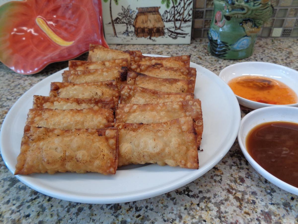 Crispy Gau Gee, a Cantonese Treat, delicious with dipping sauces of Sweet Thai Chili Sauce as well Wasabi with Shoyu, MMM!