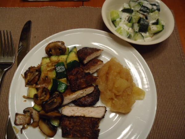 Espresso Rubbed Boneless Pork Chop with homemade Chunky Apple Sauce, Pan roasted Zucchini and Mushrooms, oh and a side salad of diced Cucumbers