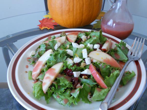 Fall salad with dried cranberries, apples, feta, walnuts and cranberry dressing.