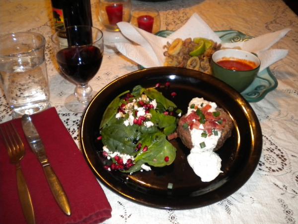 filet with roquefort/ spinach pomagranate salad