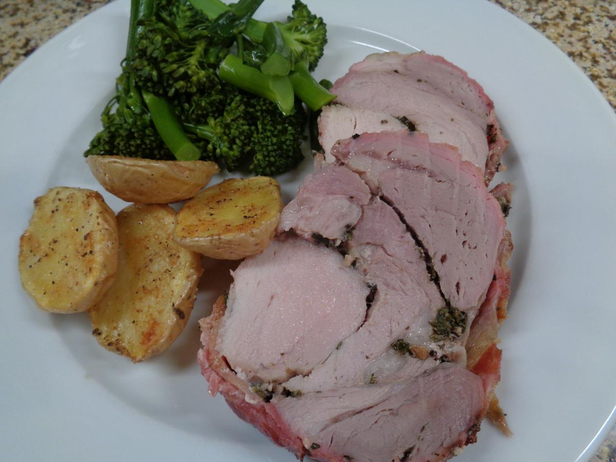 From Trader Joe's- Porchetta Roast along with roasted Baby Dutch Yellow Potatoes and Broccolini