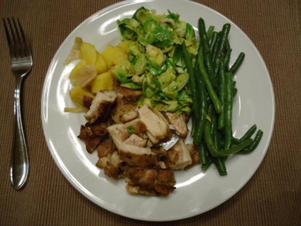 Greek Seasoned Chicken, Yukon Gold Potatoes, Brussel Sprouts and Green Beans