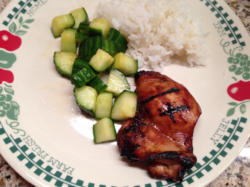 Grilled B/S Teriyaki Chicken, my Quick Cucumber Kim Chee (kimchi, whatever) and the ever present steamed White Rice.