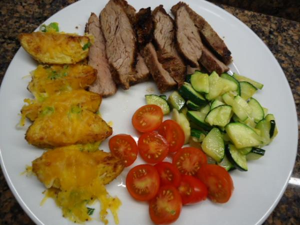 Grilled Flank Steak, roasted Cheese Potatoes and toamto&cucumber salad