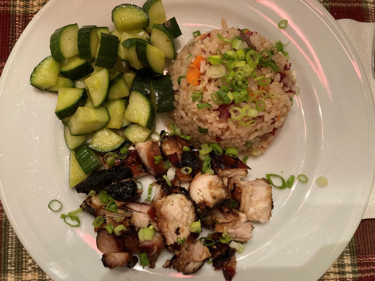 Grilled Teriyaki B/S Chicken Thighs, cut up to make it look you have more food than you really do, wink wink - My Quick Cucumber Kim Chee (or kimchi, 