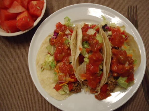 Ground Beef Tacos, seasoned with my own Taco Seasoning blend, topped with bagged Chopped Salad and some nice Salsa