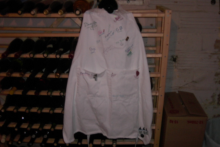 Here's the apron downstairs on the wine rack, it got the full tour!