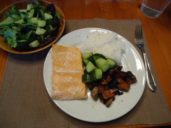 Home Smoked Salmon Fillets with smoker Huli Huli Chicken, Cucumber Kim Chee and of course steamed white rice