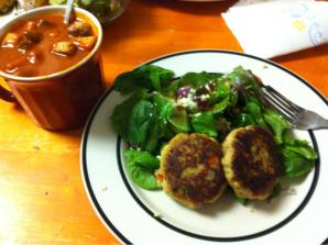 Homemade Roasted Red Pepper soup w/Spicy Crab cakes over spinach salad.