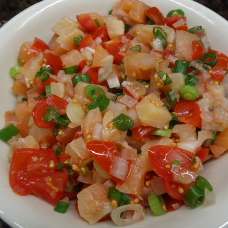 Lomi Lomi Salmon, homemade `cuz you ain't gonna find this Hawaiian Dish here in cowboyville!
