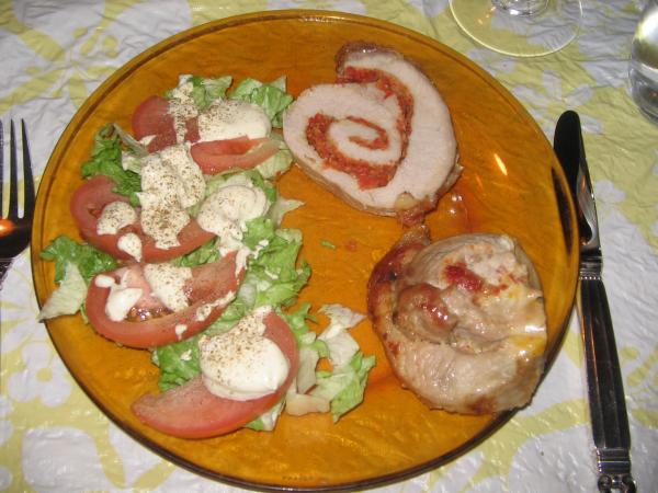 Low carb supper of pork roulade without the pan sauce, and salad