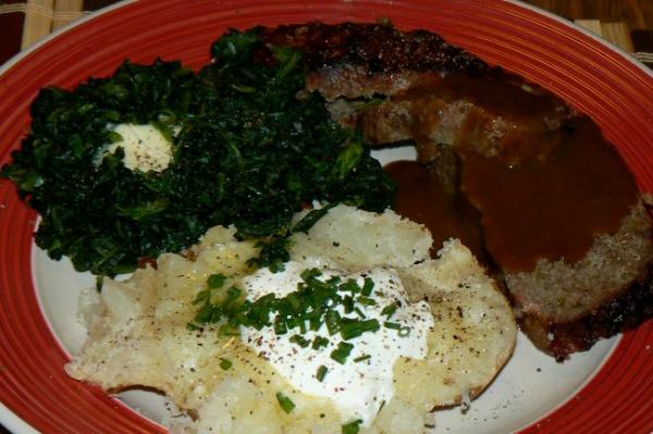Meatloaf, baked potato and spinach