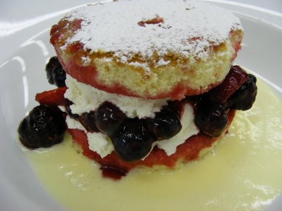 Mixed berry trifle with Genoise sponge and Sauce Anglaise