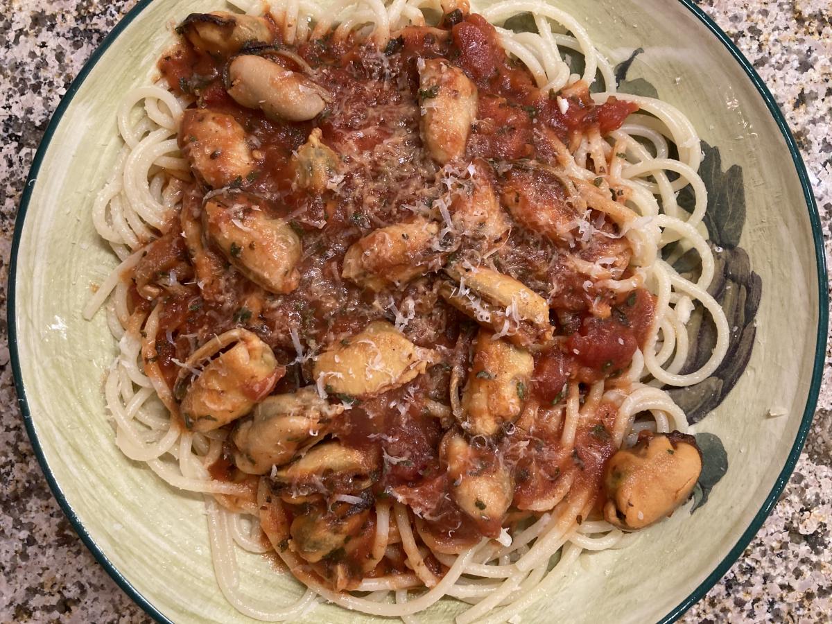 Mussel Marinara over Spaghetti