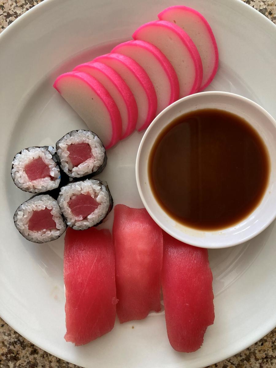 My Husband's favorite snack, Kamaboko or Japanese Steamed Fish Cake and assorted Sushi that I get at the Green Grocer.