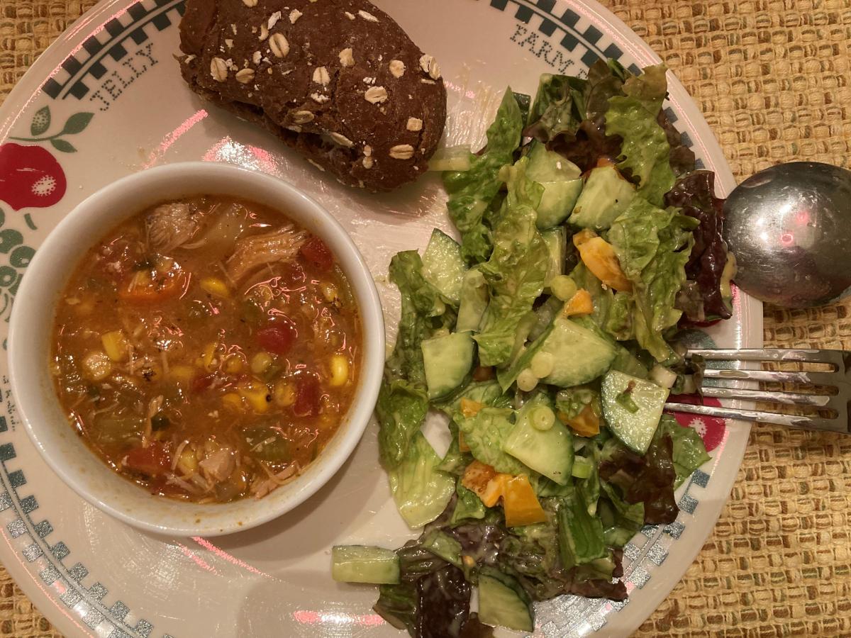 New Mexico-style Green Chile Chicken Stew with a side Salad and roll... simple and delicious