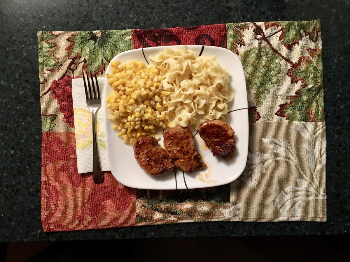 Pan-Seared Chipotle Pork Tenderloin Medallions, Buttered Egg Noodles and Sweet Corn