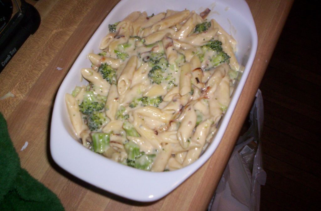 penne pasta with 4 cheeses, broccoli and carmelized onions