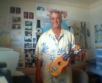 Pete with his new Father's Day shirt on playing a little tune on Ukalali.