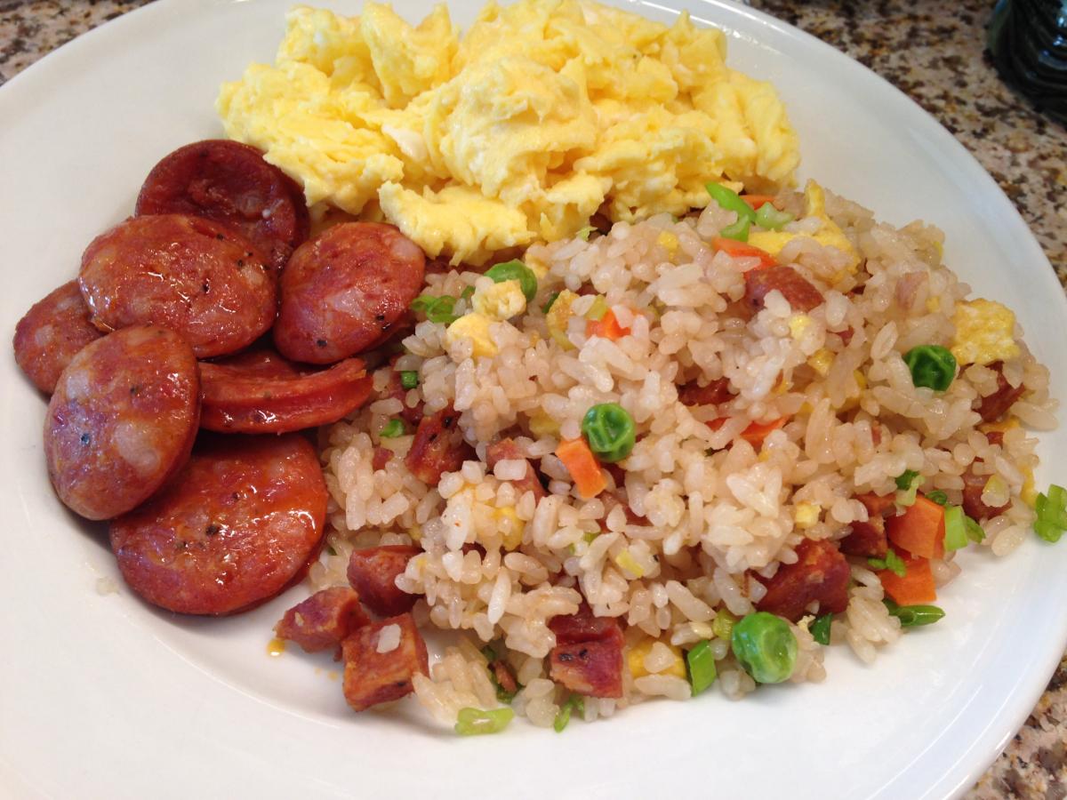 Portuguese Sausage or Linguica with Scambled Eggs and Fried Rice