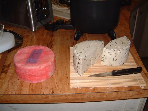queso fresco with caraway seed and on the left is our first cheddar aging since about march first its 5/18 today