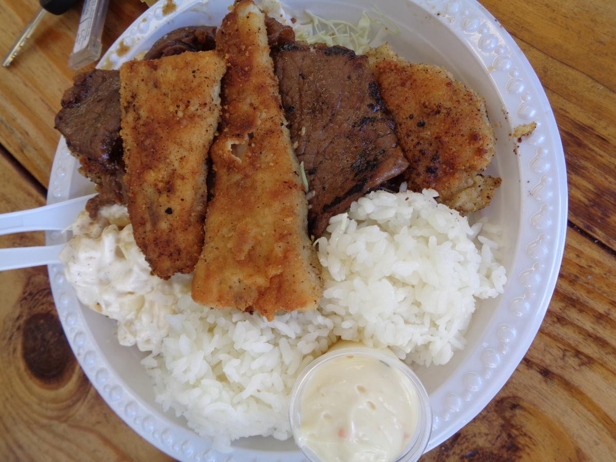 Rainebow Drive-In Mixed Plate, BBQ Beef, Fish and Boneless Chicken--- two scoop rice and one scoop mac salad (my plate btw)