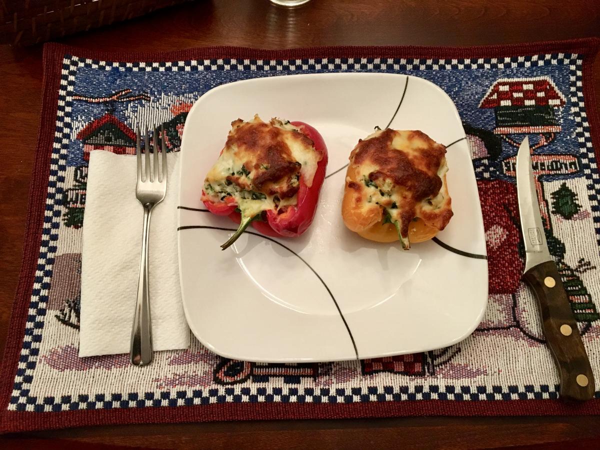 Red Bell Peppers stuffed with spinach and artichokes