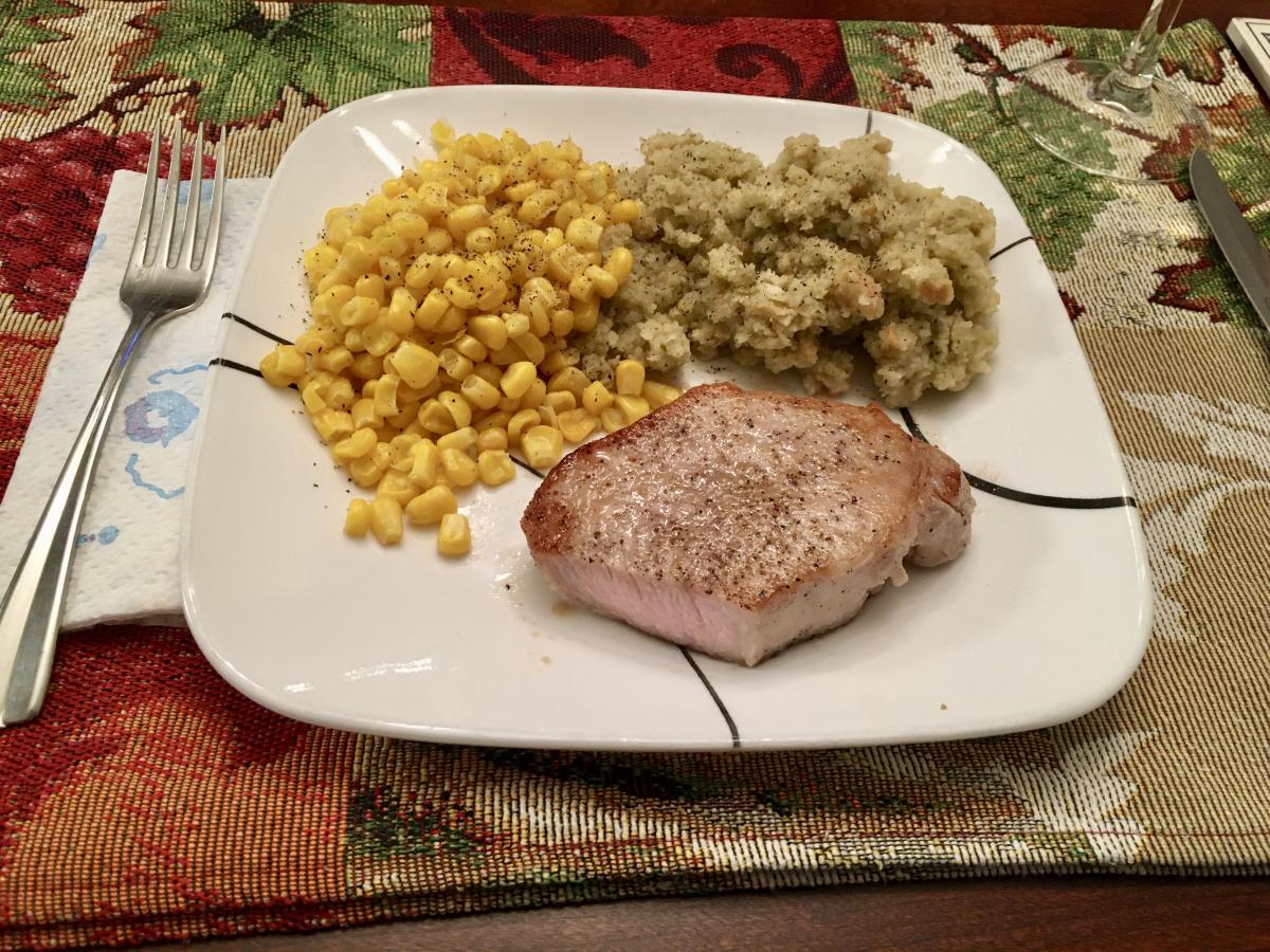 Sous Vide Pork Chop, Stuffing and Sweet Corn