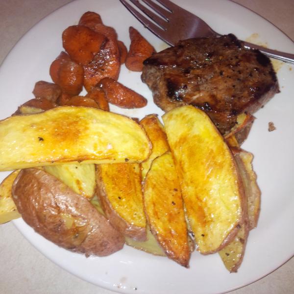 steak, taters, carrots