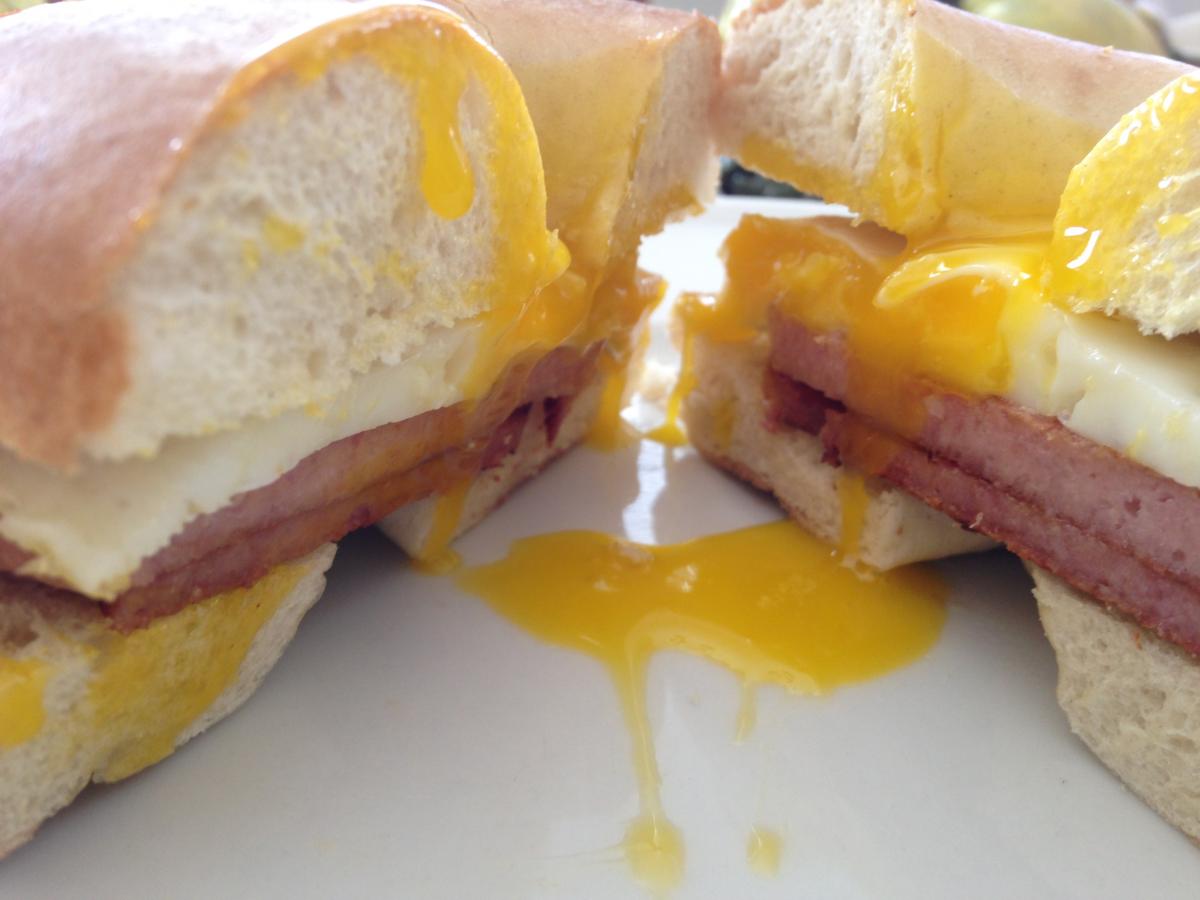 taylor's ham egg and cheese breakfast sammie on a bagel