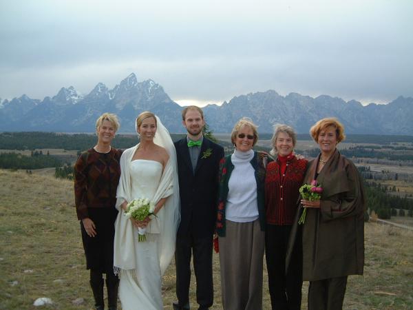 This was taken at my nieces wedding in Jackson Hole WY.  Left to right, my middle sis, niece/bride, nephew/mid sis' son, cousin, me, oldest sis/mother