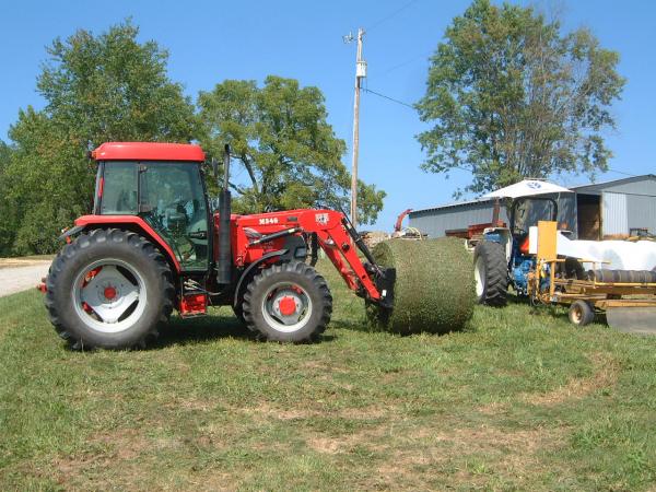 tractor holding hay made in the red unit in the previous photo..it will be wrapped in plastic, like saran wrap, and set to mature into silage