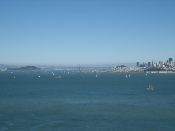 View from the bridge...Treasure Island on the left, the Bay Bridge and SF.  Such a fabulous day.  I got emotional looking out over the bay...so happy 