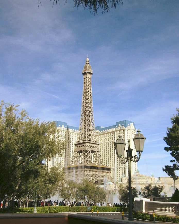 View of Eiffel Tower over Bellagio fountain.