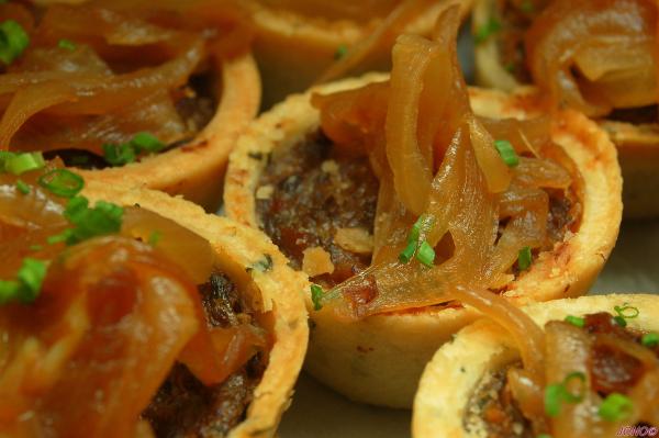 Wild mushroom and Foie Tart, with Caramelized Brandied Onions.