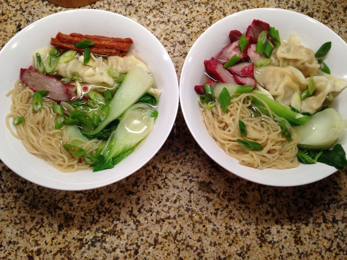 Won Ton Mein Deluxe or Noddle Bowls.  I use S&S brand Saimein from Hawaii, homemade Char Siu, Baby Bok Choi, Trader Joe's Pork Pot Stickers (I can't f