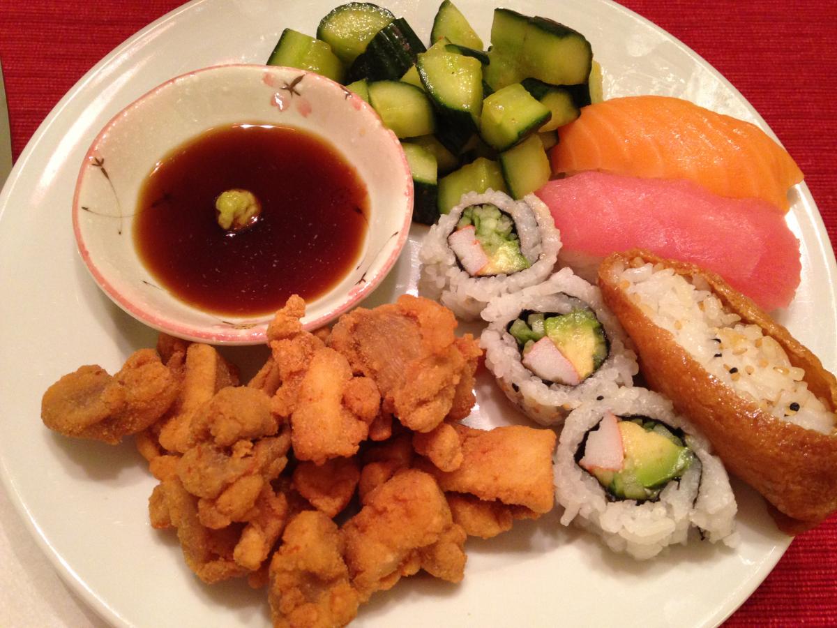 YUM! Kara'age or Japanese-Style Fried Chicken with my Quick Cucumber Kim Chee and store bought assorted Sushi