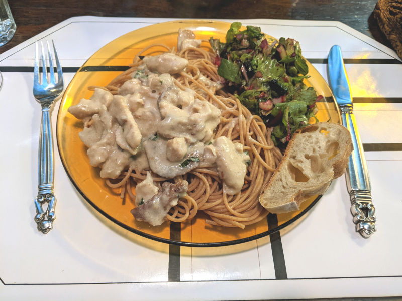 Chicken and lion's mane mushroom sauce with wholewheat spaghetti and a salad sm.jpg